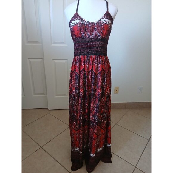 Takara Womens Maxi Dress Brown Red Paisley Print Sleeveless Ruched Medium Boho - Picture 1 of 12